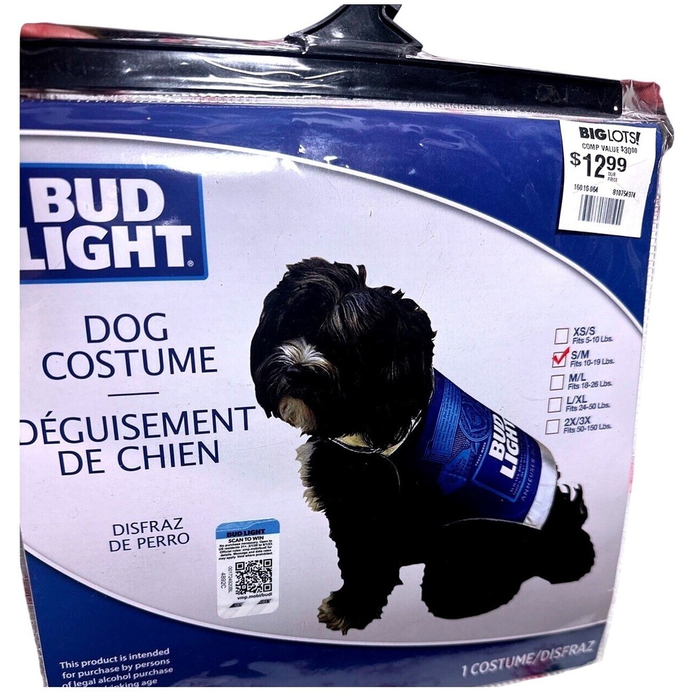 Bud Light Beer Can Dog Costume Blue Silver Pet Outfit Size S/M 10-19 Lbs NIP